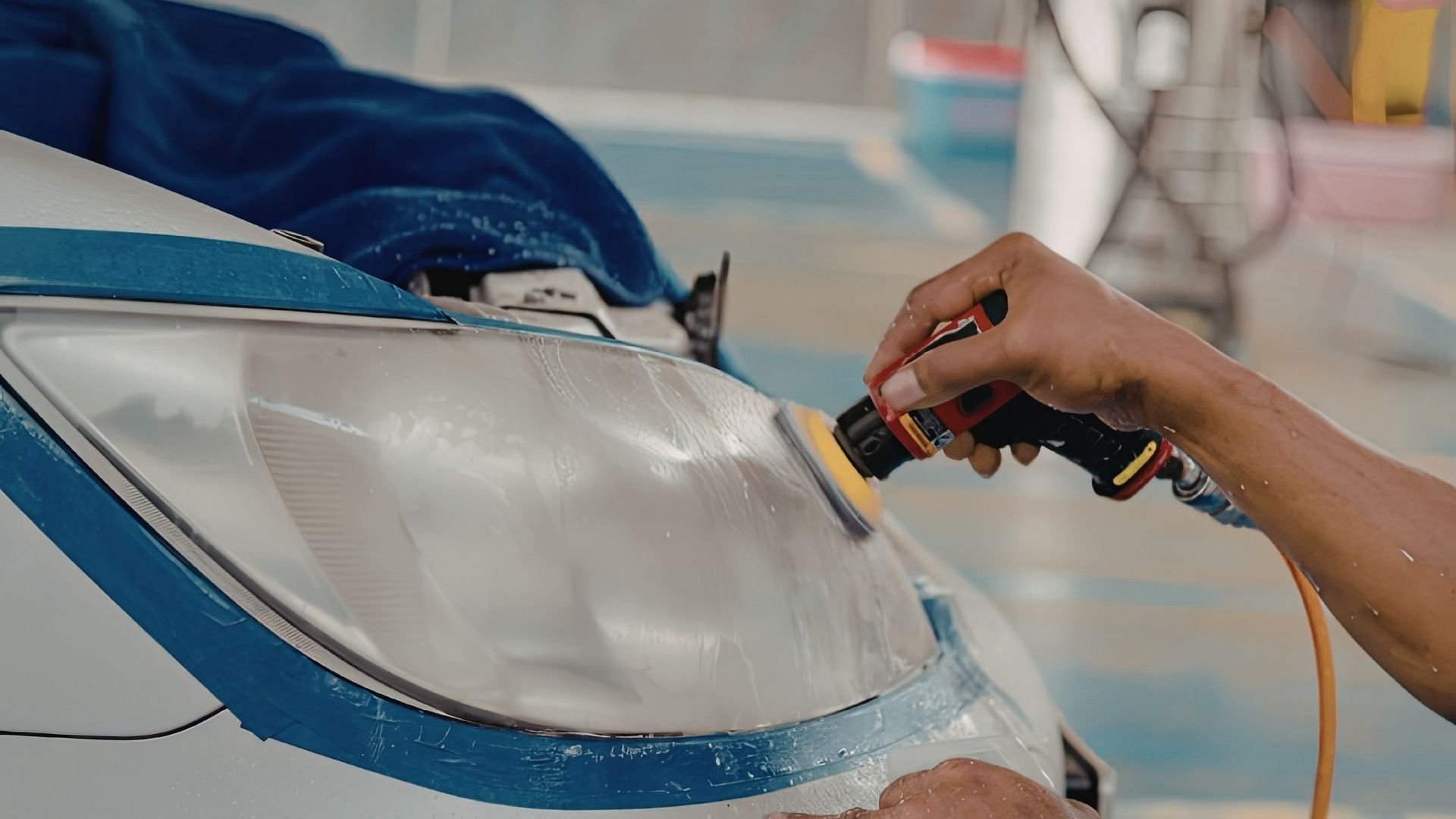 Person spraying water on white and blue boat surface for cleaning and maintenance